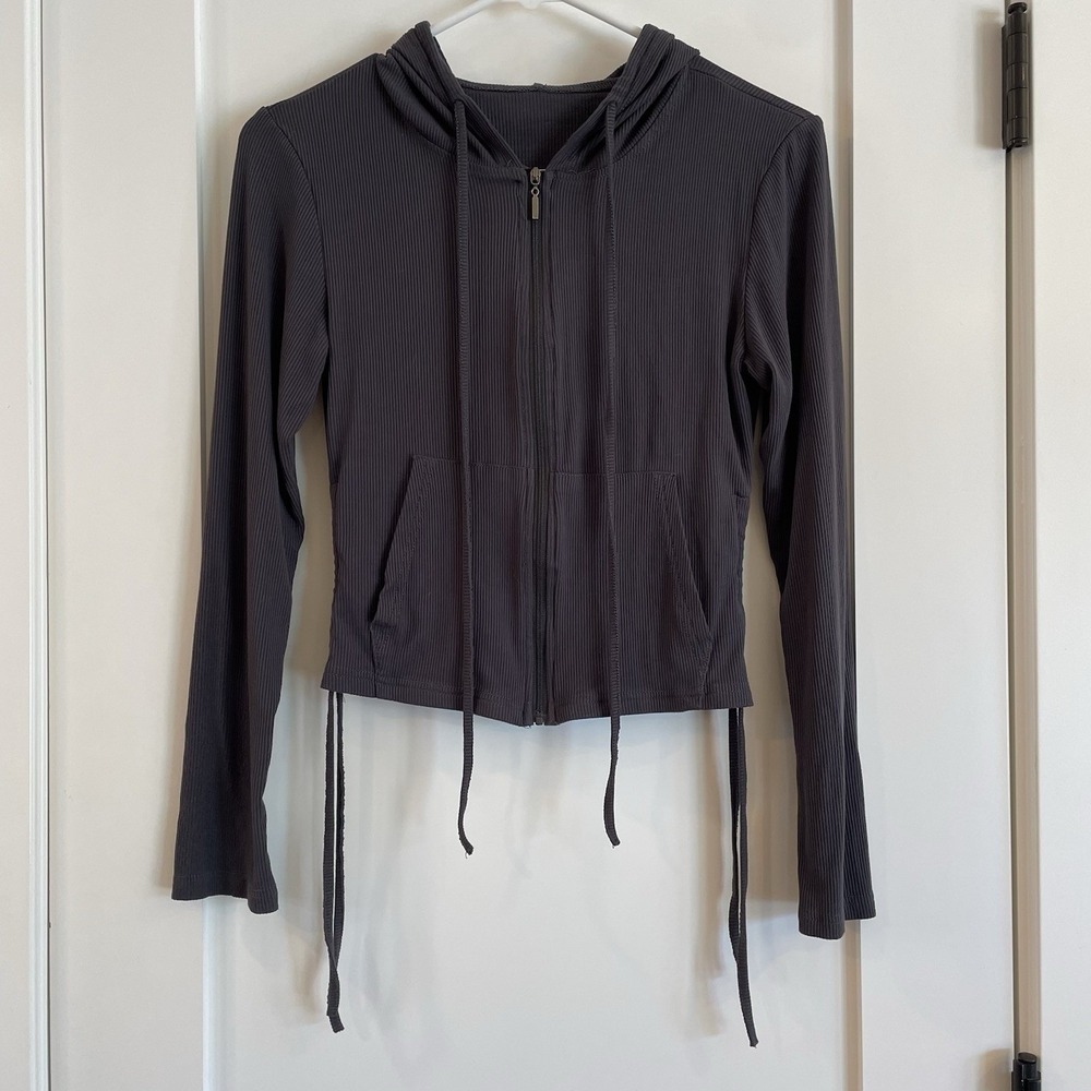 ZIP UP Ribbed Crop Top HOODIE Sweatshirt Dark Gray M Pockets Athletic Vamp Goth‎